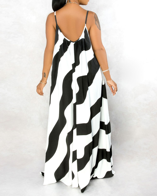 Women Loose Stripe Printed Irregular Sleeveless Casual Maxi Dresses White Red Green S-2XL