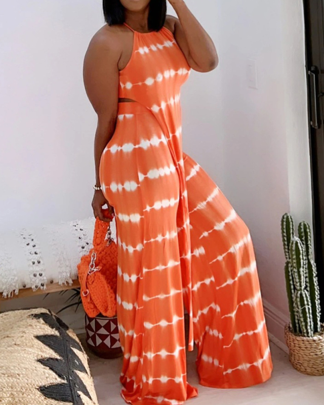 Women Stripe Halter Neck Sleeveless Pants Sets Two Pieces Outfit Yellow Orange Purple Blue S-2XL