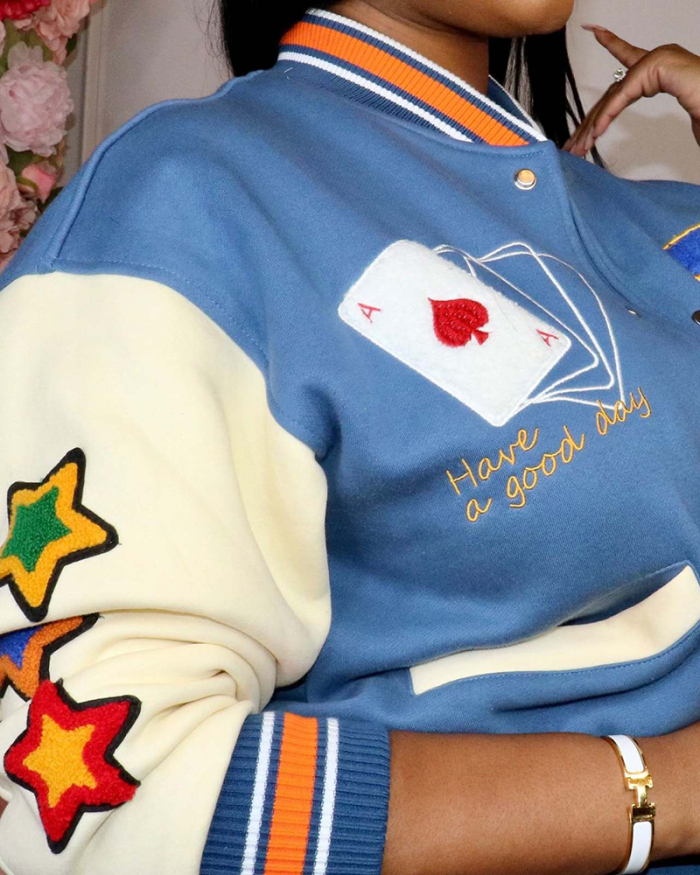 Lady Long Sleeve Poker Printed Baseball Uniform Jackets Coats Brown Blue S-2XL