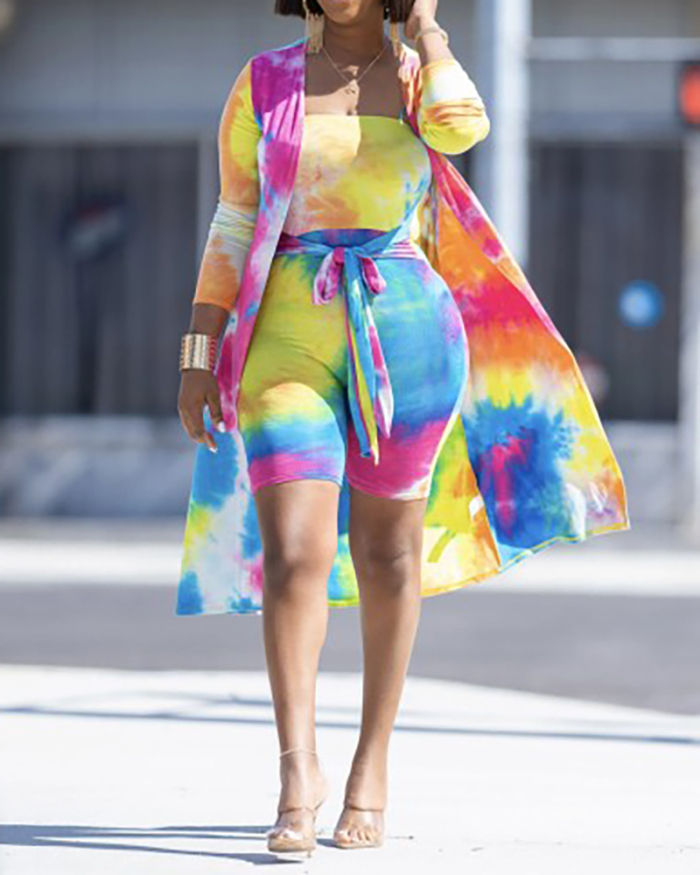 Women Tie Dye Long Sleeve Coat Short Sets Two Pieces Outfit S-2XL