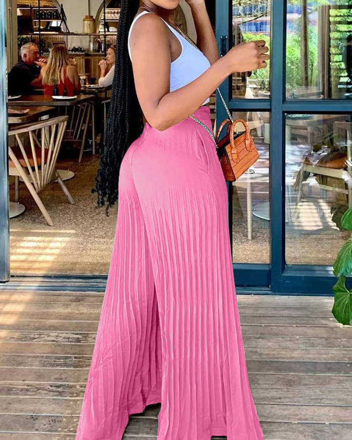 Women Summer Loose Wide Leg Ruched Pants With Pocket Yellow Pink Green Black Blue Wine Red Purple S-2XL