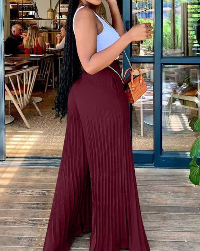 Women Summer Loose Wide Leg Ruched Pants With Pocket Yellow Pink Green Black Blue Wine Red Purple S-2XL