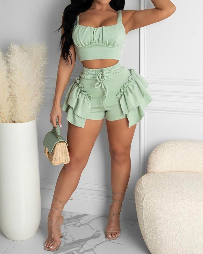 Women Fashion Solid Color Sleeveless Square Collar Short Sets Two Pieces Outfit White Pink Yellow Black Rosy Light Green Apricot S-XL