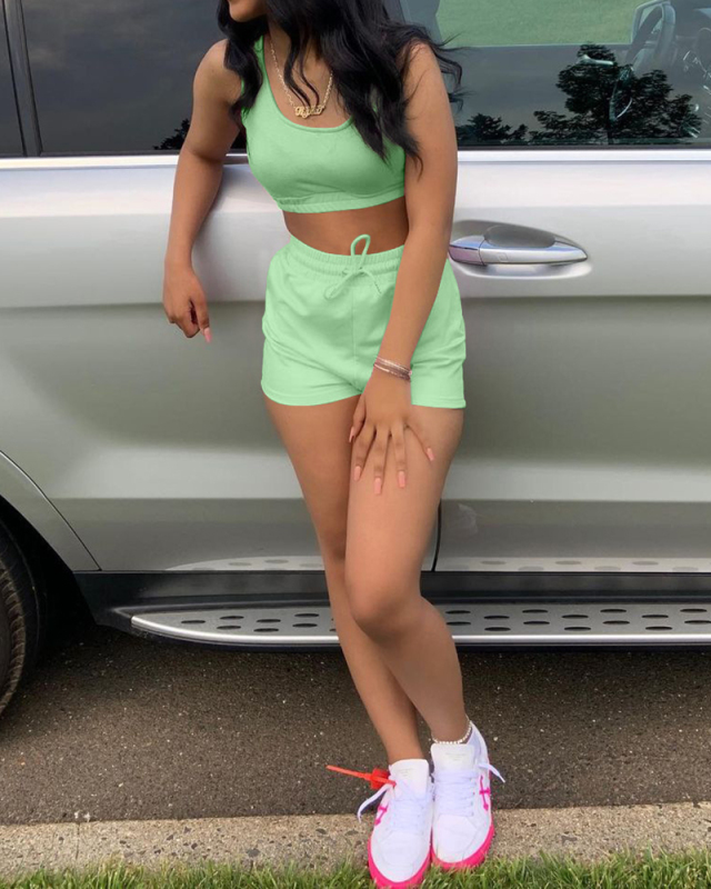 Women Sleeveless Solid Color Fashion Casual Short Sets Two Pieces Outfit White Pink Orange Gray Black Coffee Khaki Green Sky Blue S-2XL