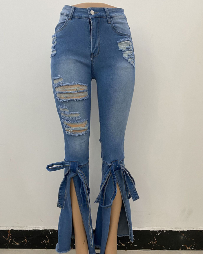 Women Fashion Bell-bottoms Hollow Out Wide Leg Jeans Pants Blue S-2XL