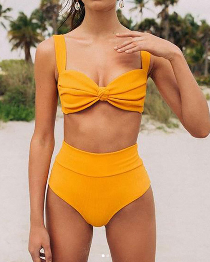 Women Solid Color High Waist Two-piece Swimsuit Yellow Red White Black Blue S-L