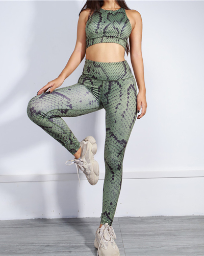 Snake Print Breathable Stretch Tight Sports Outer Yoga Set S-L