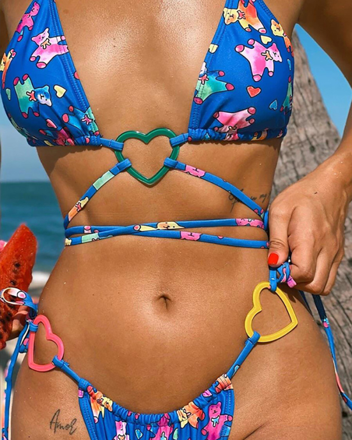 Women Sexy CuteBear Printed Heart Strappy Two-piece Swimsuit Blue Black S-L