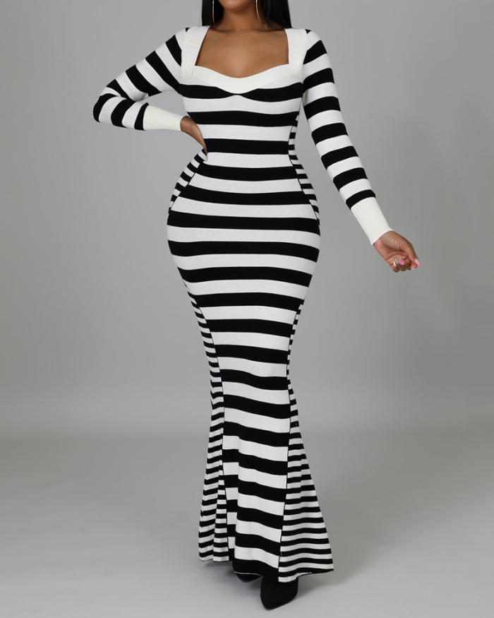 Women Square Neck Black and White Stripe Long Sleeve Maxi Dresses S-2XL