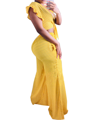 Women Short Sleeve V-neck Dots Wide Leg Pants Sets Two Pieces Outfit Yellow S-2XL