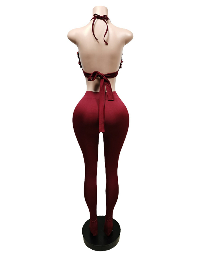 Women Solid Color 3D Flower V-neck Backless Vest Slim Pants Sets Two Pieces Outfit Purple Black Green Blue Wine Red S-2XL
