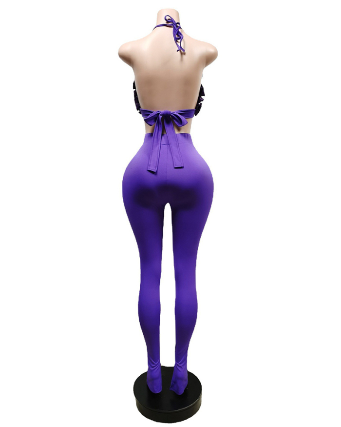 Women Solid Color 3D Flower V-neck Backless Vest Slim Pants Sets Two Pieces Outfit Purple Black Green Blue Wine Red S-2XL