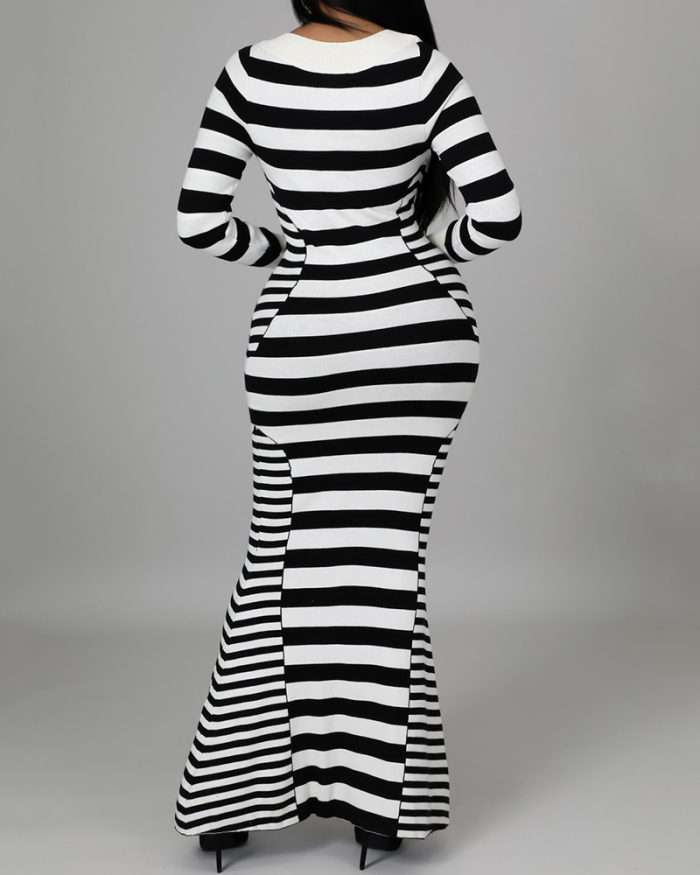 Women Square Neck Black and White Stripe Long Sleeve Maxi Dresses S-2XL