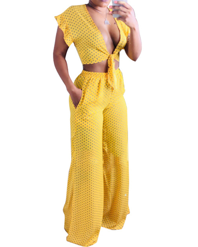 Women Short Sleeve V-neck Dots Wide Leg Pants Sets Two Pieces Outfit Yellow S-2XL