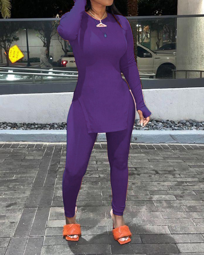 Women Long Sleeve O-Neck Solid Color Slim Pants Sets Two Pieces Outfit Pink Purple Light Purple Fluorescent Green Dark Green Black Gray Blue Brown S-XL