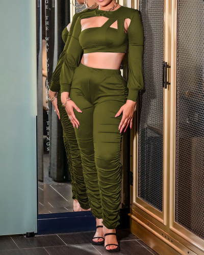 Women Long Sleeve Hollow Out Crop Top Solid Color Pants Sets Two Pieces Outfit Black Coffee Army Green Blue S-2XL