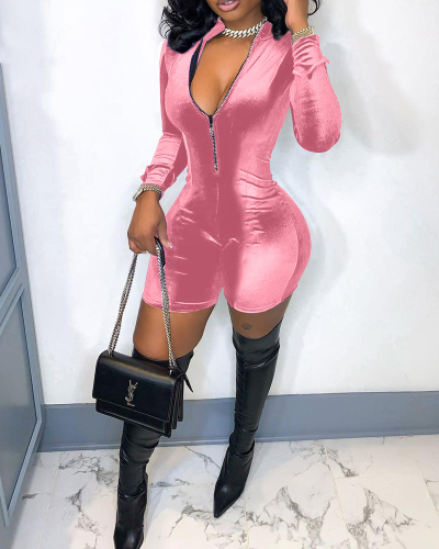 Long Sleeve Solid Color Zipper Front Slim Velvet Women Sexy Rompers Pink Grey Black Coffee Blue S-2XL