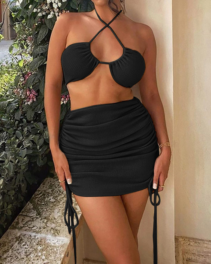 Women Solid Color Bra Top Drawstring Skirt Sets Two pieces Outfit Black Green Brown Green S-2XL