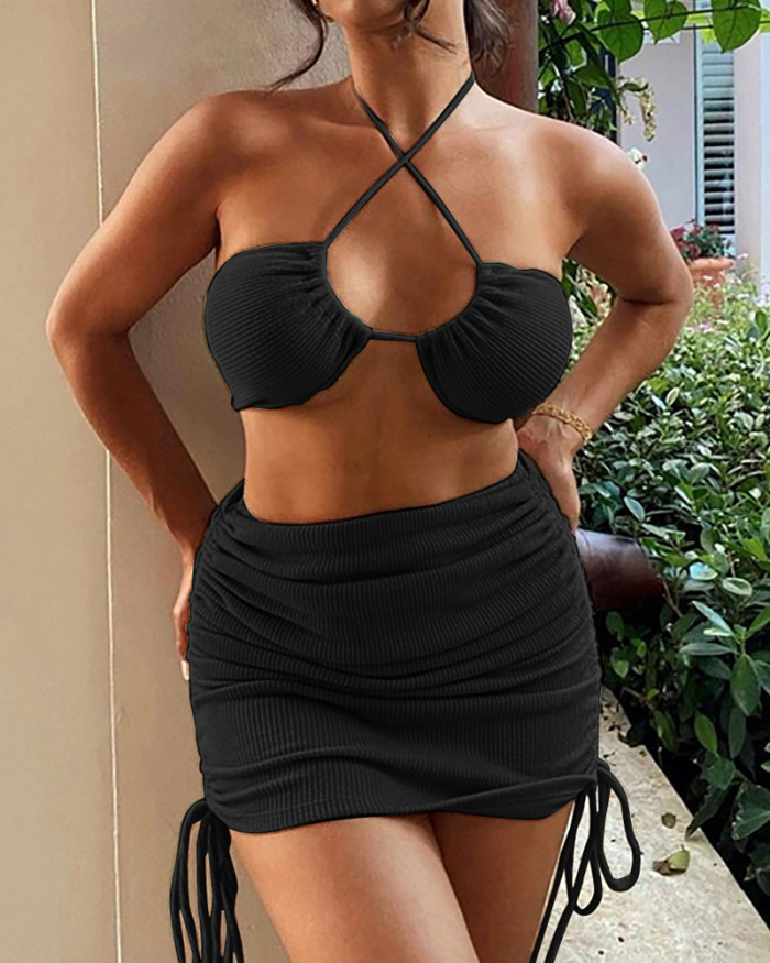 Women Solid Color Bra Top Drawstring Skirt Sets Two pieces Outfit Black Green Brown Green S-2XL