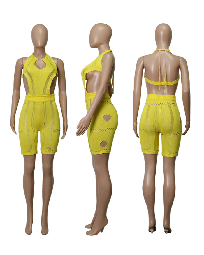 Sexy Summer Club Wear Women Hollow Out Knit Rompers White Green Yellow Black S-2XL