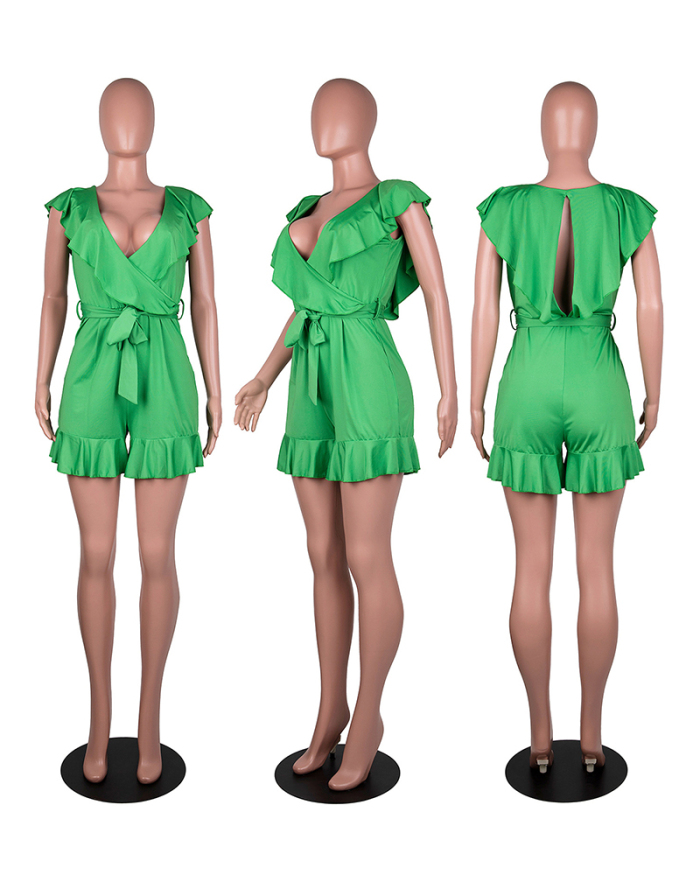 Women Deep V Neck Solid Color Ruffles Sleeve Rompers Black Green S-2XL