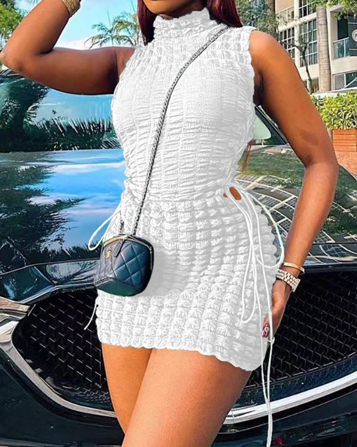 Women Solid Color Sleeveless Turtleneck Bubble Fabric Side Strappy Casual Mini Dresses White Yellow Wine Red Green Black Blue S-2XL