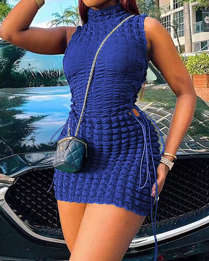 Women Solid Color Sleeveless Turtleneck Bubble Fabric Side Strappy Casual Mini Dresses White Yellow Wine Red Green Black Blue S-2XL