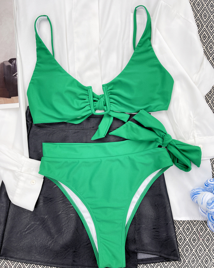 Hot Sale U-Neck Bikini Solid Color Side Strappy Two-piece Swimsuit Green S-L