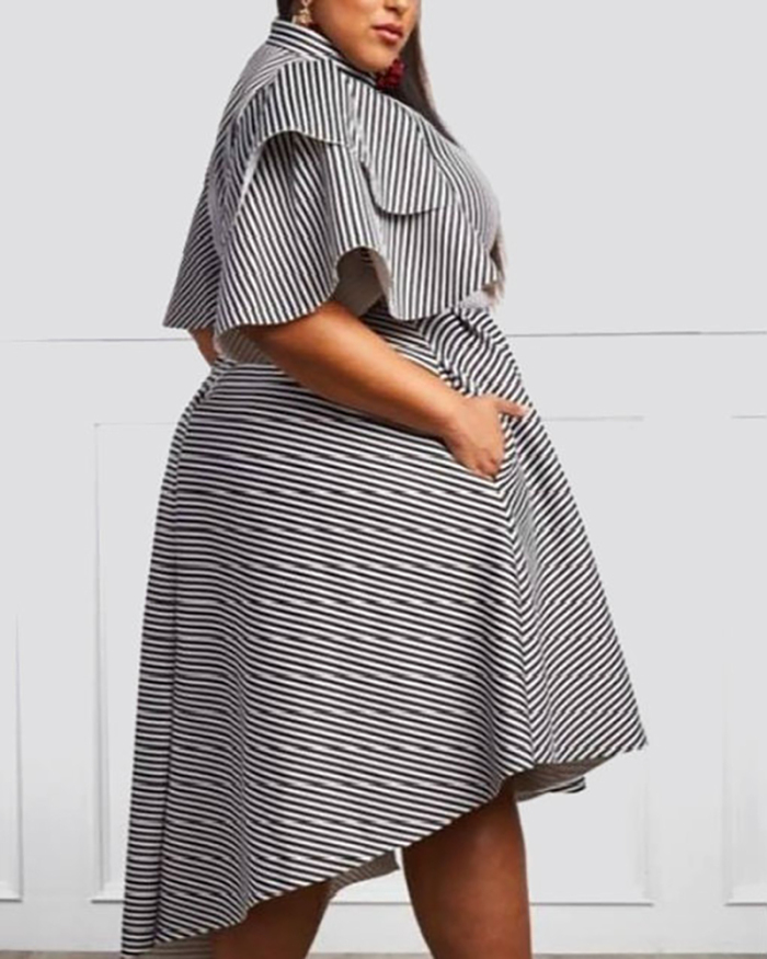 Women Short Sleeve Stripe Maxi Plus Size Dresses Black White M-4XL