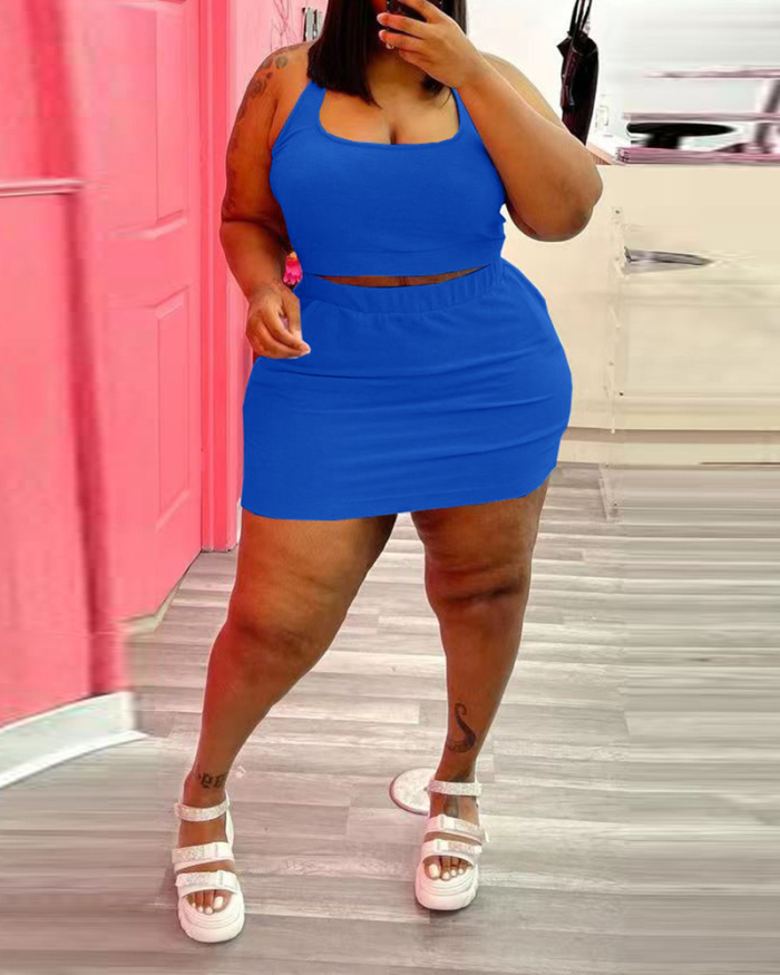 Women Sleeveless Solid Color Mini Skirt Dress Plus Size Two Piece Sets Pink Red Black Light Blue Apricot Blue S-5XL
