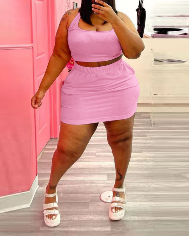 Women Sleeveless Solid Color Mini Skirt Dress Plus Size Two Piece Sets Pink Red Black Light Blue Apricot Blue S-5XL