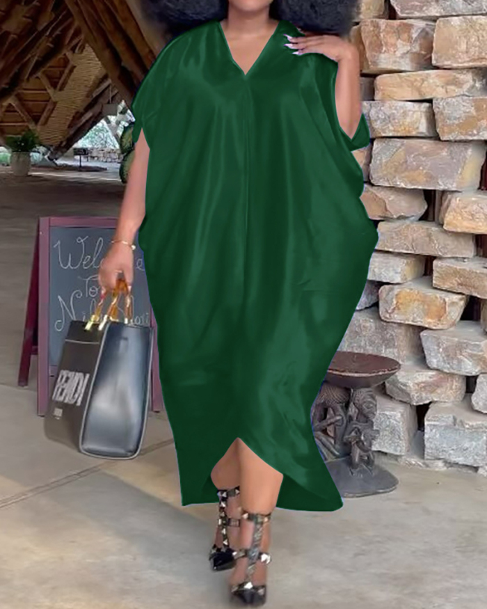 Women Solid Color V-neck Loose Plus Size Dresses Black Flousecent Green Dark Green Blue Yellow L-4XL