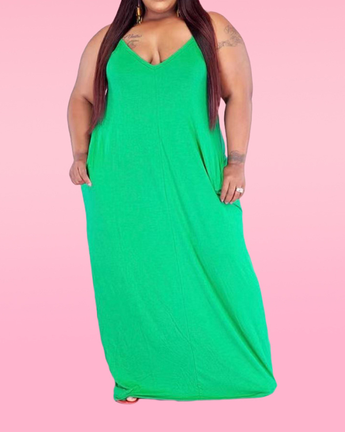 Women Solid Color Strap Basic Plus Size Dress White Pink Yellow Green Brown Black Apricot XL-5XL