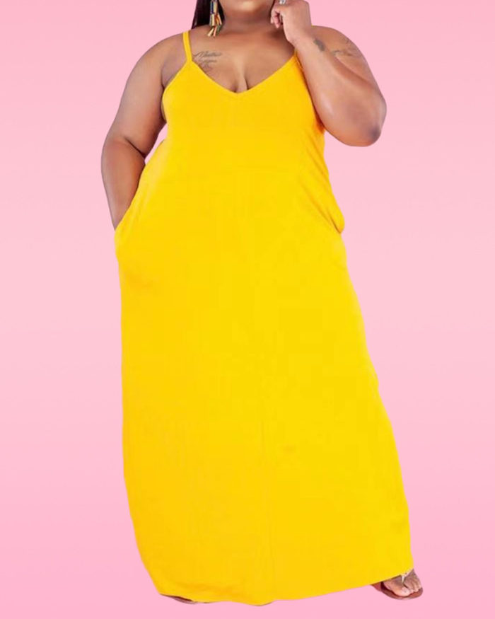 Women Solid Color Strap Basic Plus Size Dress White Pink Yellow Green Brown Black Apricot XL-5XL