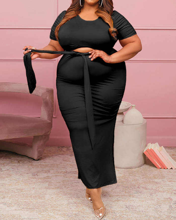 Women Short Sleeve Solid Color Strappy Plus Size Two Piece Sets Black Pink Yellow XL-5XL