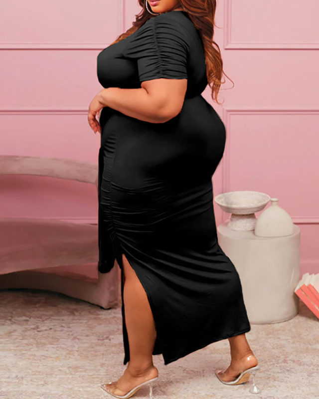 Women Short Sleeve Solid Color Strappy Plus Size Two Piece Sets Black Pink Yellow XL-5XL