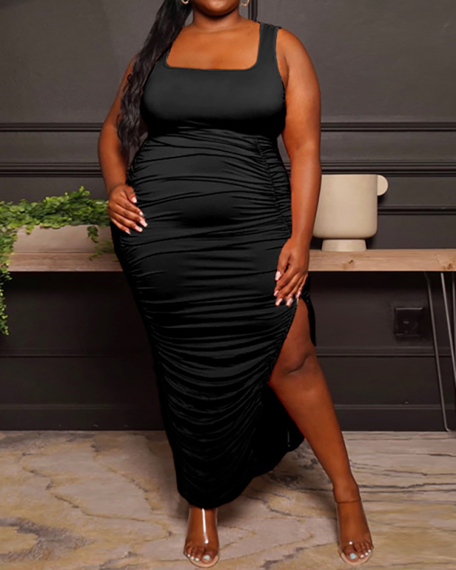 Women Sleeveless Solid Color Square Collar Side Slit Ruched Plus Size Dresses Black Pink Light Green Rose Red L-4XL