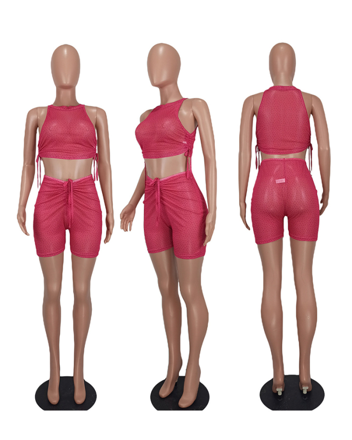 Women Sleeveless See Through Solid Color Short Sets Two Pieces Outfit Pink Black Light Blue S-XL