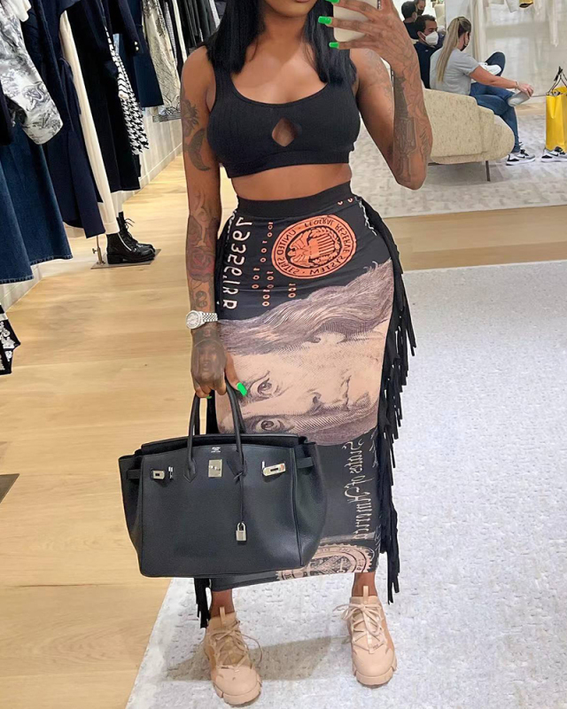 Fashion Stylish Lady Sleeveless Tassel High Waist Skirts Two Piece Set Purple Black Blue S-XL