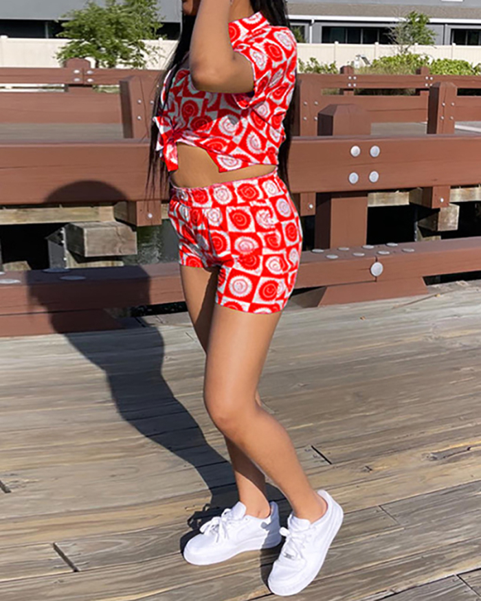 Women Short Sleeve Print Summer Casual Short Sets Two Peces Outfit Red Black Yellow S-2XL