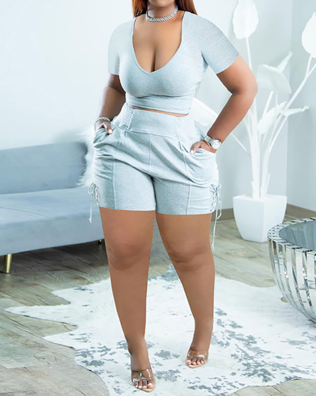 Women Short Sleeve Strappy Solid Color Short Sets Two Pieces Outfit Orange Grey Black S-2XL