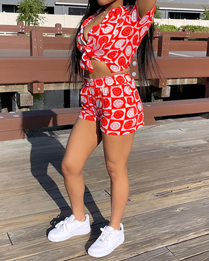 Women Short Sleeve Print Summer Casual Short Sets Two Peces Outfit Red Black Yellow S-2XL