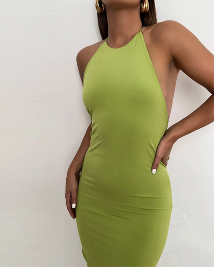 Summer New Sexy Fashion Slim Backless Ruched Strappy Women One-piece Dress Yellow Green S-L