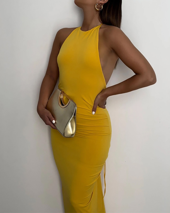 Summer New Sexy Fashion Slim Backless Ruched Strappy Women One-piece Dress Yellow Green S-L