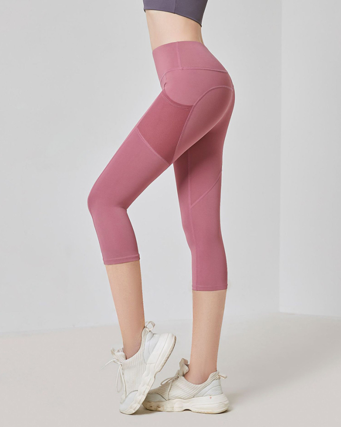 Side Pocket Crop High Waist Gym Peach Hip Lift Fitness Pants Sports Leggings Black Purple Red Pink Blue Grey S-2XL