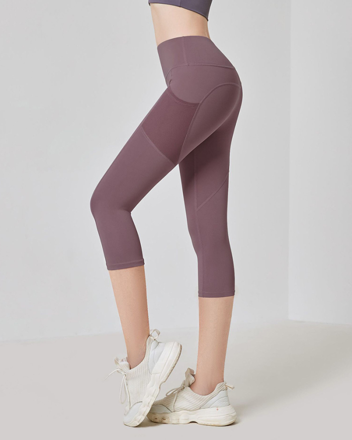 Side Pocket Crop High Waist Gym Peach Hip Lift Fitness Pants Sports Leggings Black Purple Red Pink Blue Grey S-2XL
