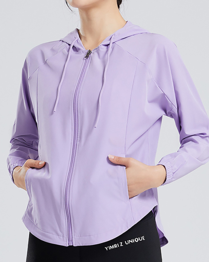 Women Sun Protection Solid Color Sport Wear Coat Hoodies Thin Breathable Plus Size Yoga Coat Black White Purple Khaki S-4XL