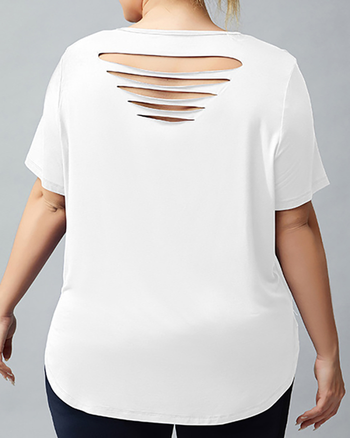 Women O-neck Short Sleeve Solid Color Basic Hollow Out Back Plus Size Yoga Top T-shirts Blue Black White XL-4XL