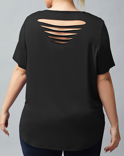 Women O-neck Short Sleeve Solid Color Basic Hollow Out Back Plus Size Yoga Top T-shirts Blue Black White XL-4XL