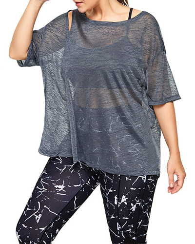 Women Quick Drying Short Sleeve Breathable Sport Shirt Plus Size Yoga Top Grey L-4XL